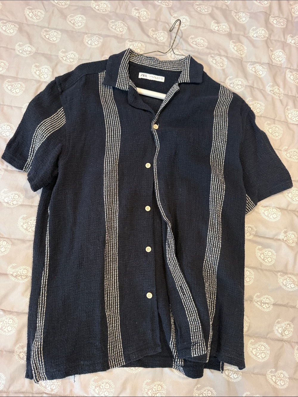 Zara Men Navy Button-Up Shirt with White Vertical Stripes